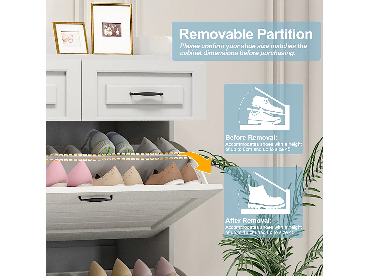 Shoe cabinet in particleboard - 3 drop-down doors and 2 drawers - White