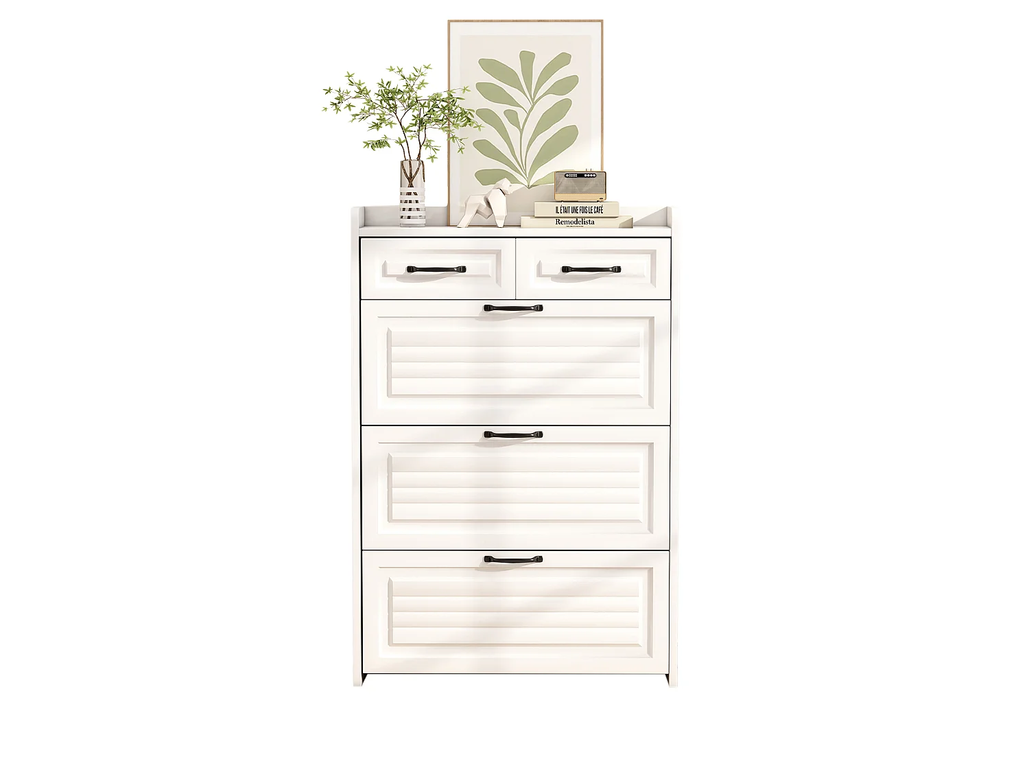 Shoe cabinet in particleboard - 3 drop-down doors and 2 drawers - White