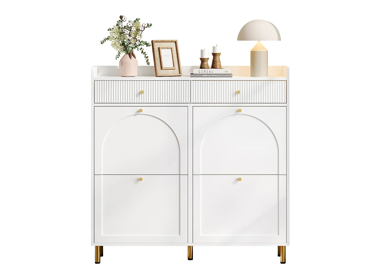 Shoe Cabinet 106.5x25x105.5cm - with 4 Drop-Down Doors and 2 Drawers - White