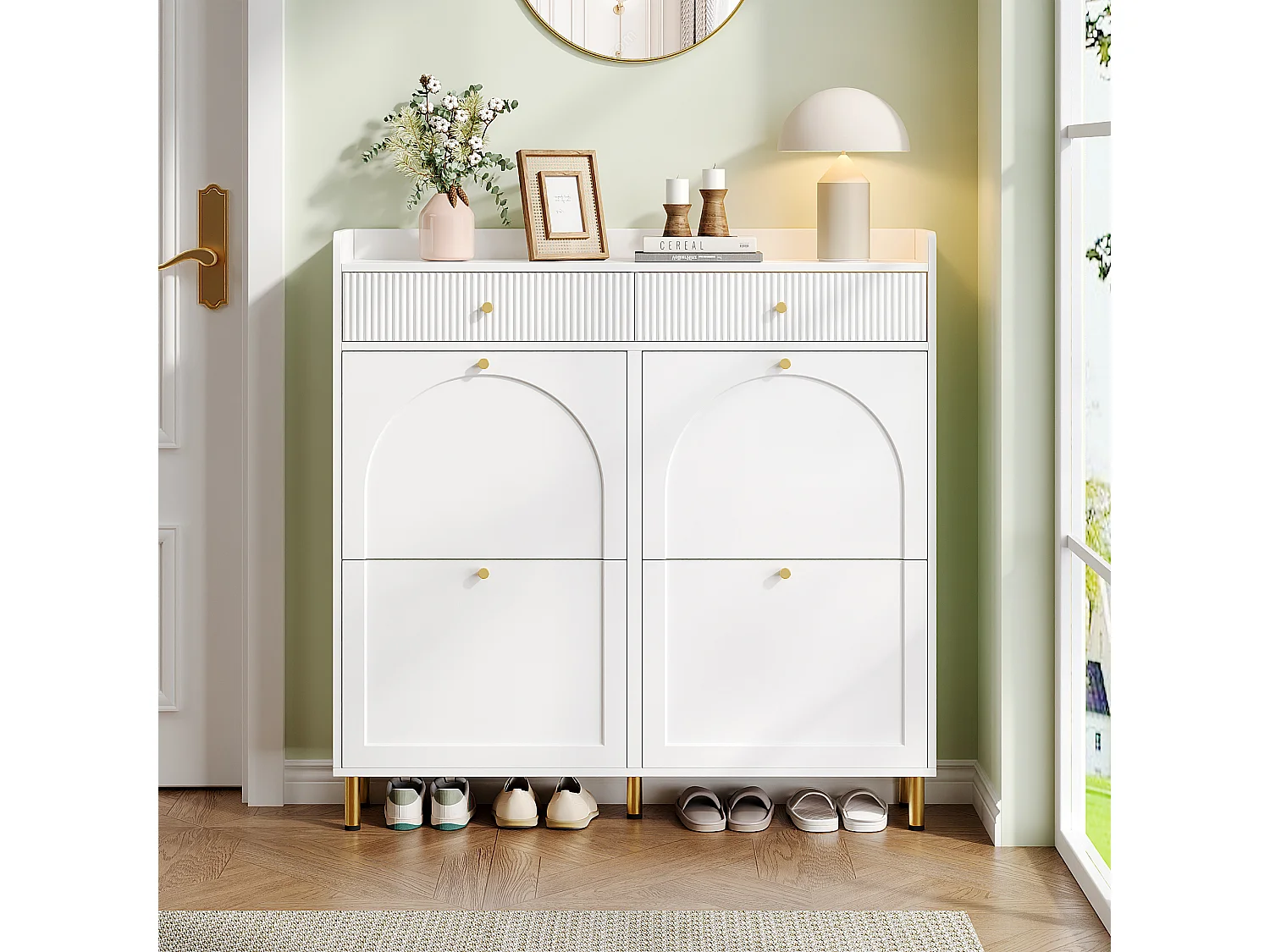 Shoe Cabinet 106.5x25x105.5cm - with 4 Drop-Down Doors and 2 Drawers - White
