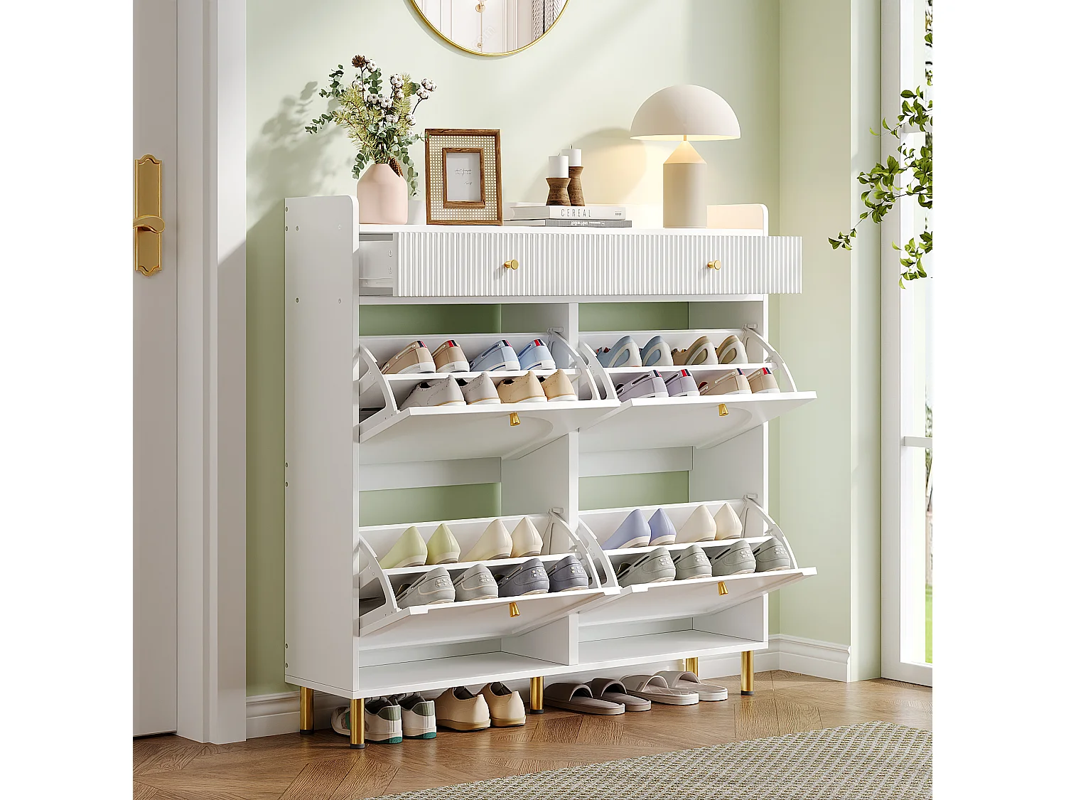 Shoe Cabinet 106.5x25x105.5cm - with 4 Drop-Down Doors and 2 Drawers - White
