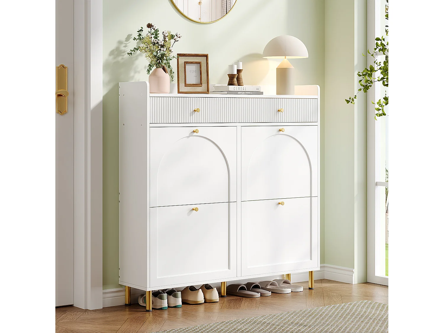 Shoe Cabinet 106.5x25x105.5cm - with 4 Drop-Down Doors and 2 Drawers - White