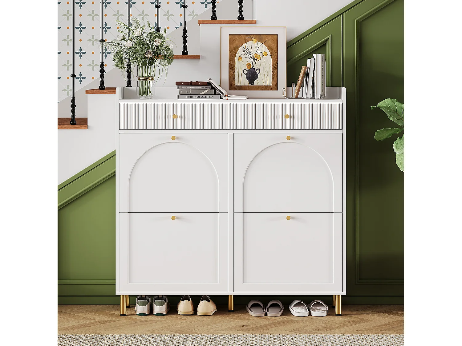 Shoe Cabinet 106.5x25x105.5cm - with 4 Drop-Down Doors and 2 Drawers - White