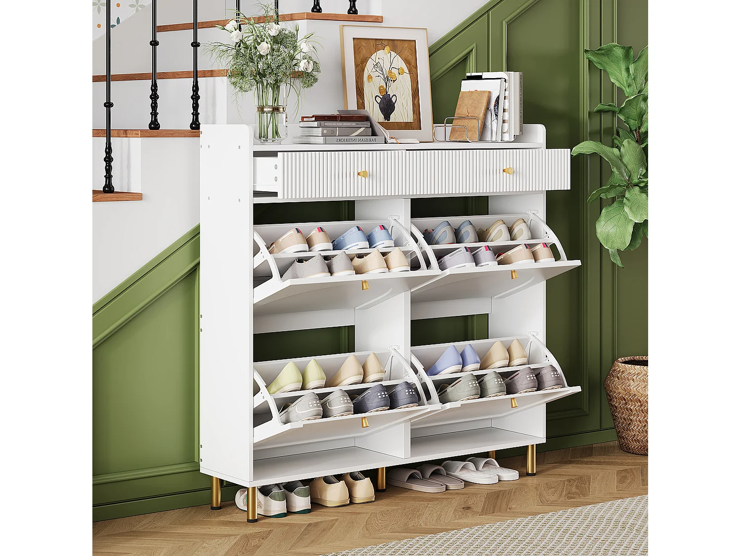 Shoe Cabinet 106.5x25x105.5cm - with 4 Drop-Down Doors and 2 Drawers - White