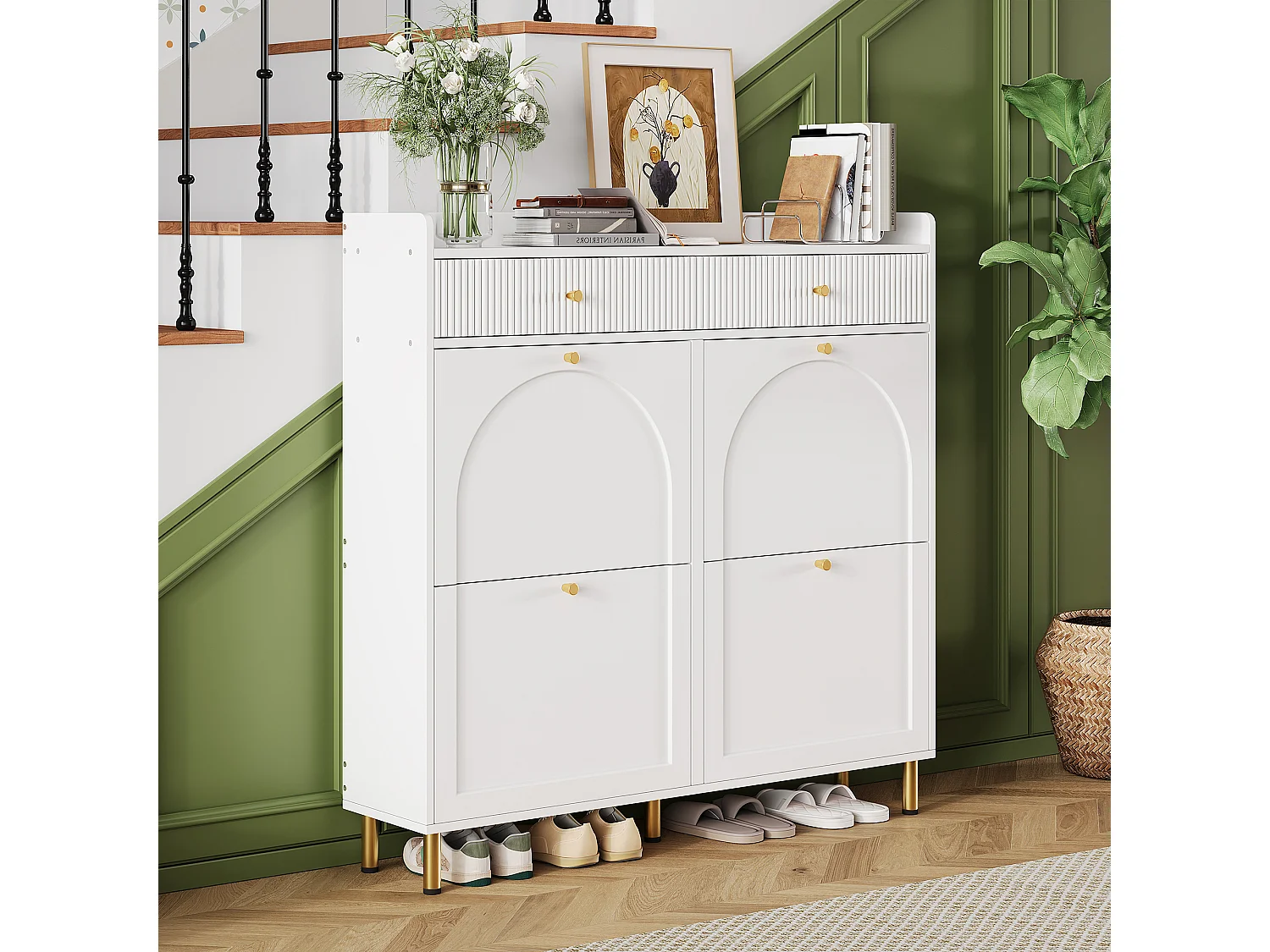 Shoe Cabinet 106.5x25x105.5cm - with 4 Drop-Down Doors and 2 Drawers - White