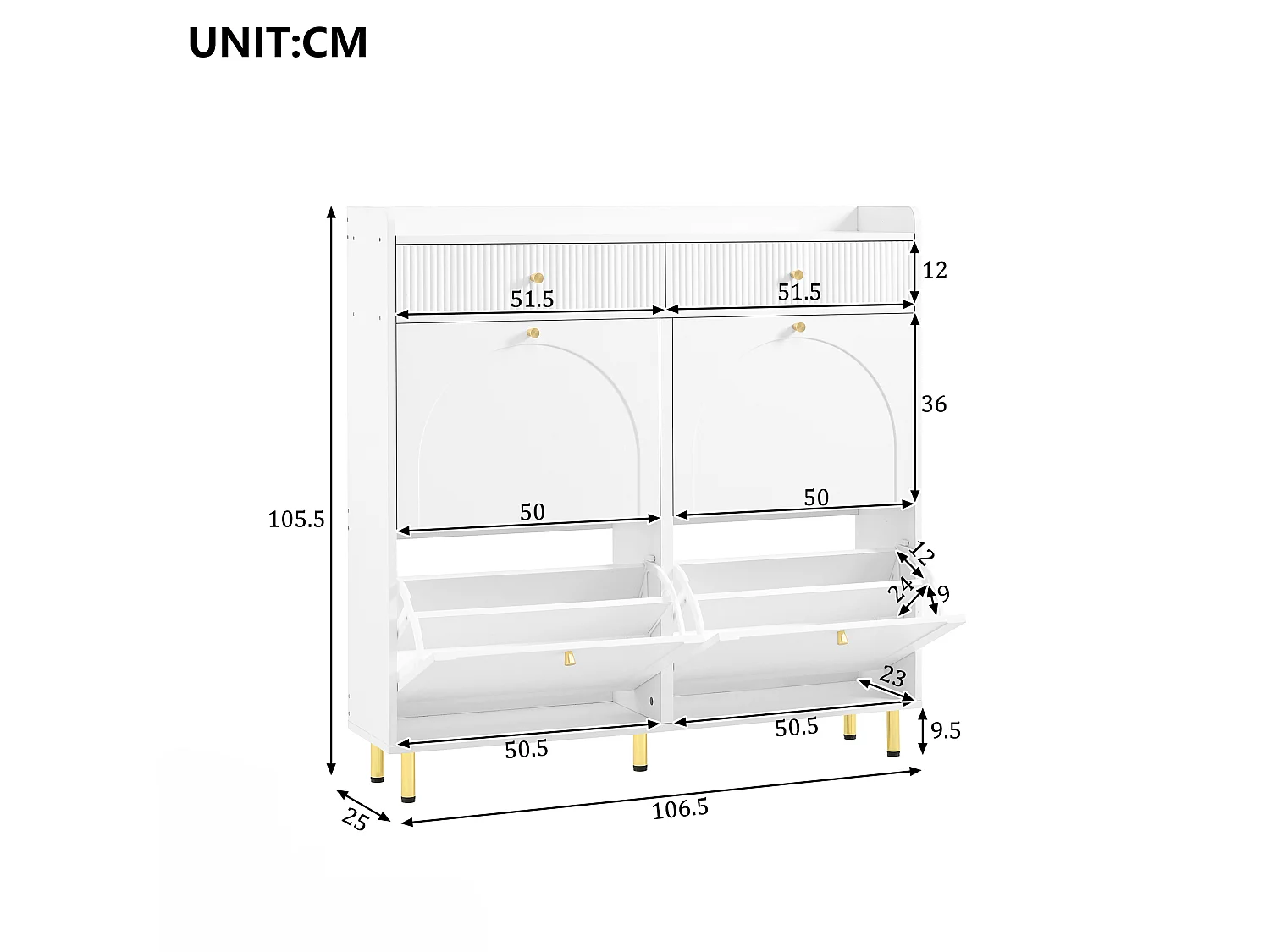 Shoe Cabinet 106.5x25x105.5cm - with 4 Drop-Down Doors and 2 Drawers - White