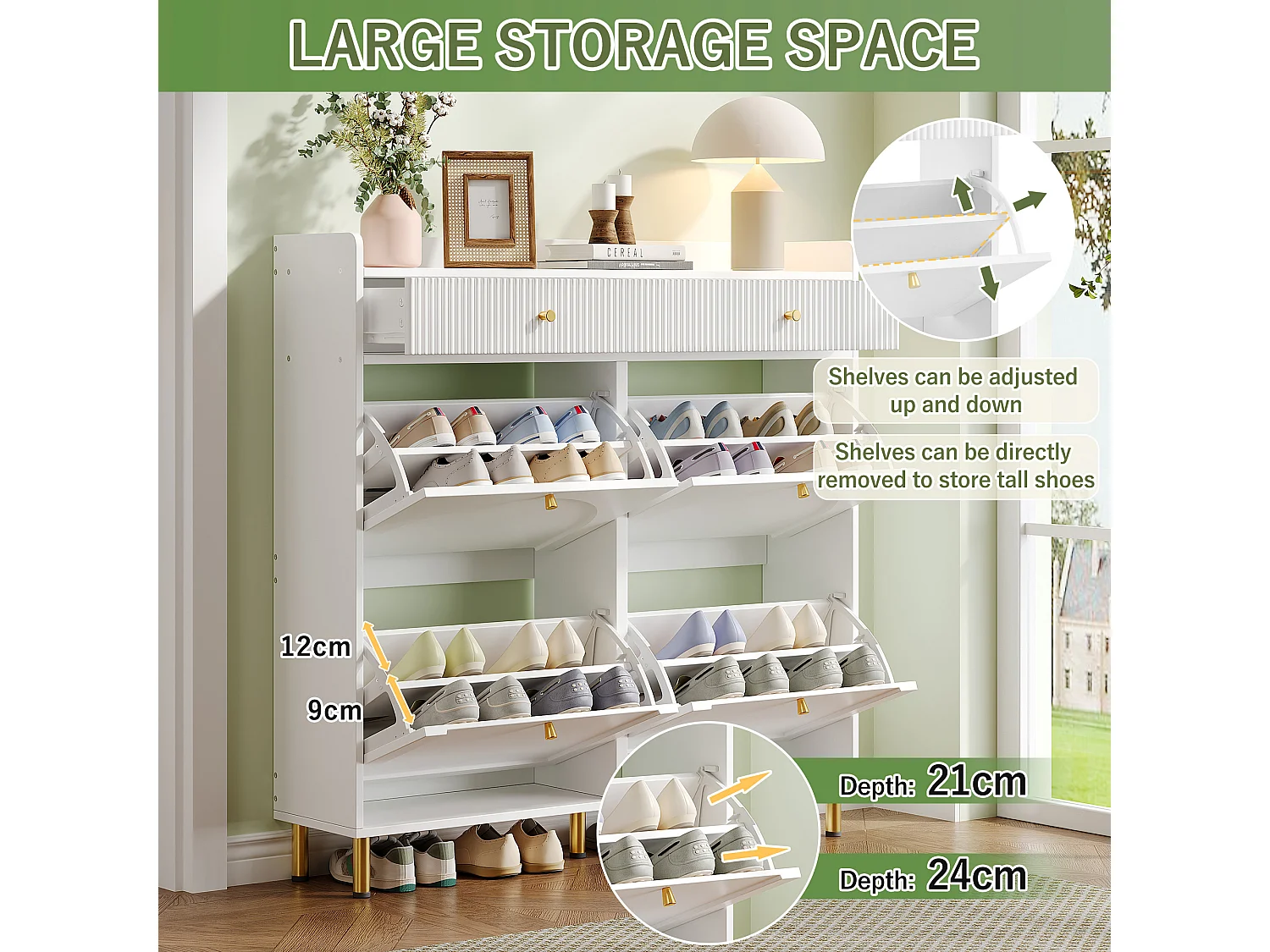 Shoe Cabinet 106.5x25x105.5cm - with 4 Drop-Down Doors and 2 Drawers - White