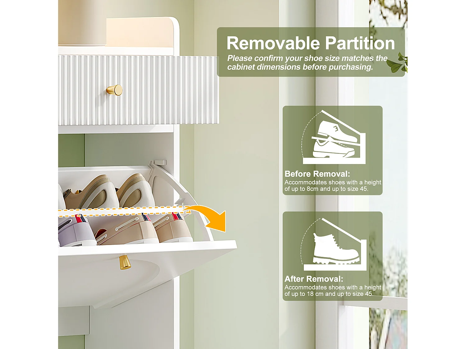 Shoe Cabinet 106.5x25x105.5cm - with 4 Drop-Down Doors and 2 Drawers - White