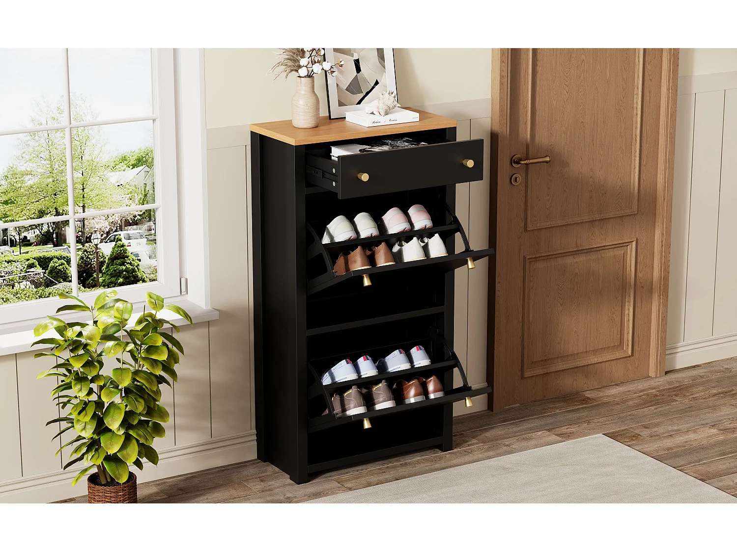 Meuble à chaussures moderne 50x25x95cm - avec 1 tiroir et 2 portes abattantes - étagères réglables et poignées métalliques - Noir