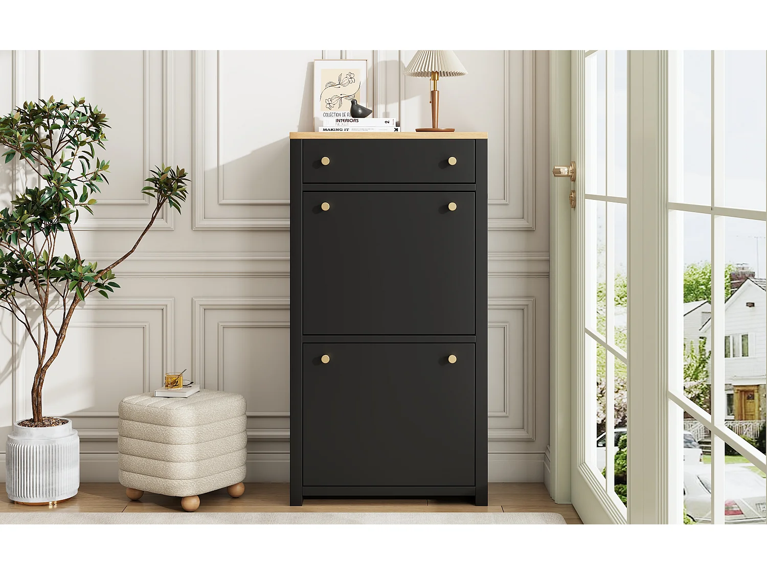Meuble à chaussures moderne 50x25x95cm - avec 1 tiroir et 2 portes abattantes - étagères réglables et poignées métalliques - Noir