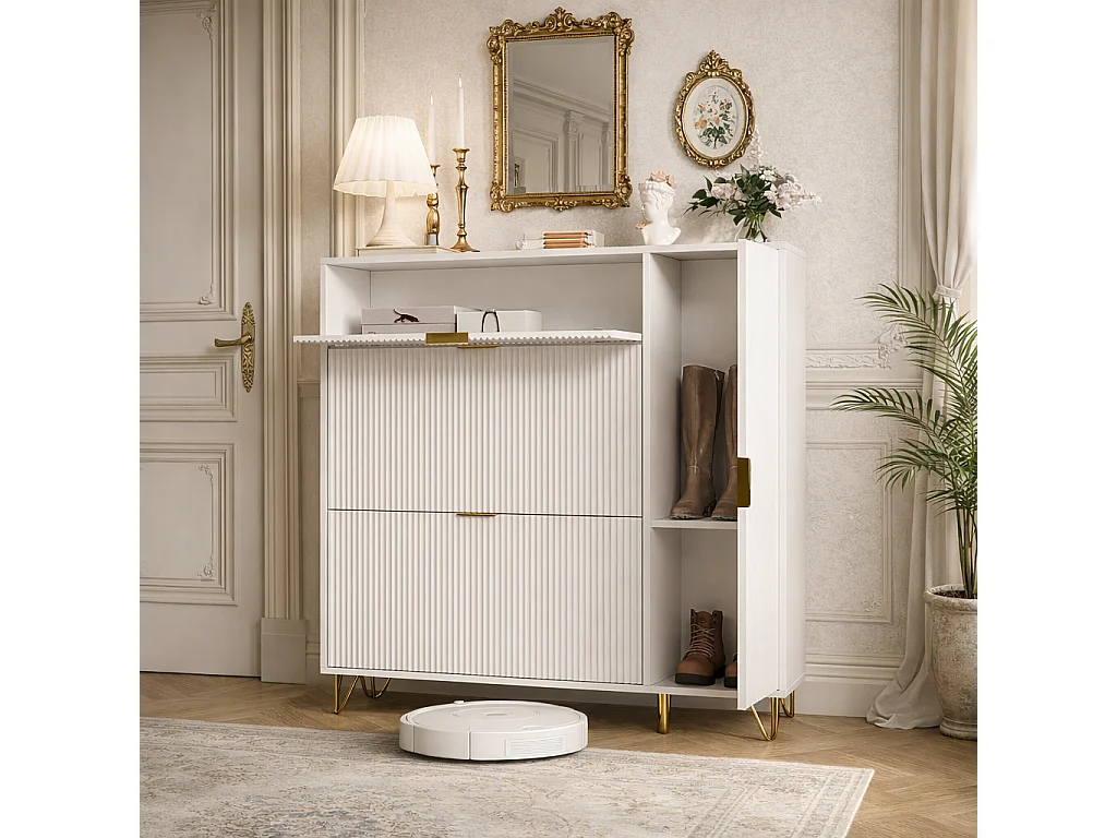 Meuble à Chaussures Slim 110x24x118.5cm, Armoire à Chaussures Blanche avec 3 Tiroirs Rabattables, Rangement Chaussures Moderne pour Entrée et Couloir
