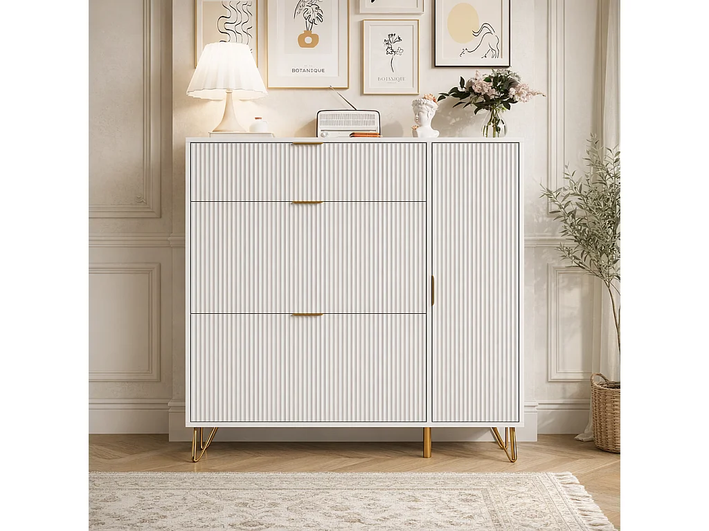 Meuble à Chaussures Slim 110x24x118.5cm, Armoire à Chaussures Blanche avec 3 Tiroirs Rabattables, Rangement Chaussures Moderne pour Entrée et Couloir