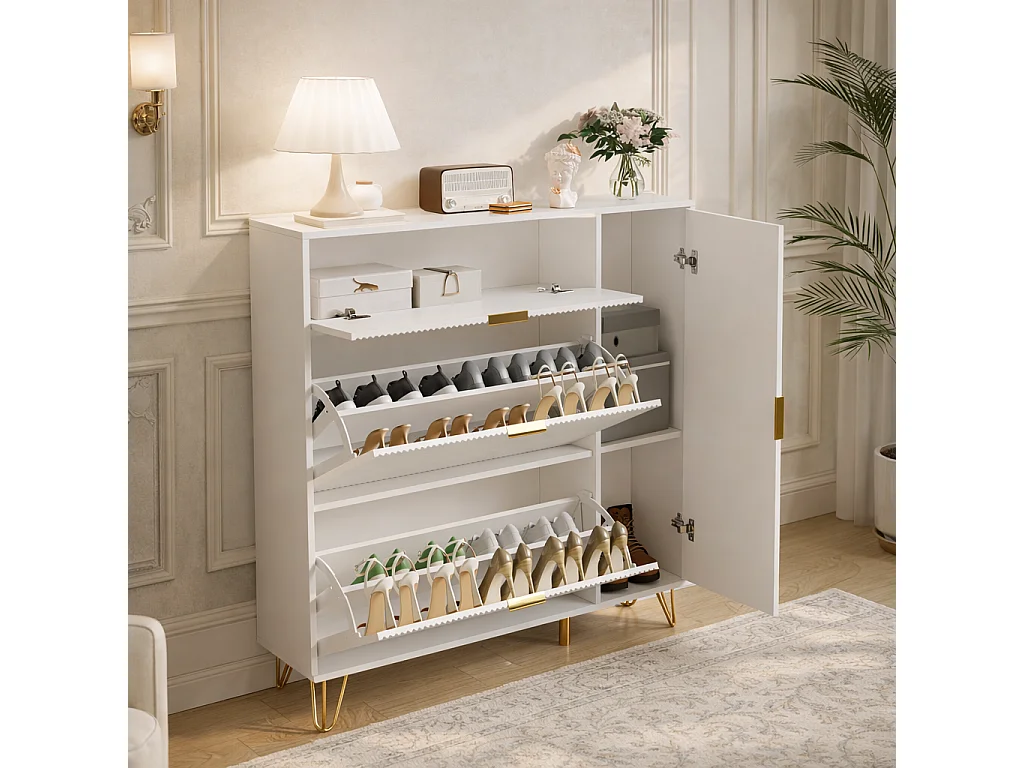 Meuble à Chaussures Slim 110x24x118.5cm, Armoire à Chaussures Blanche avec 3 Tiroirs Rabattables, Rangement Chaussures Moderne pour Entrée et Couloir