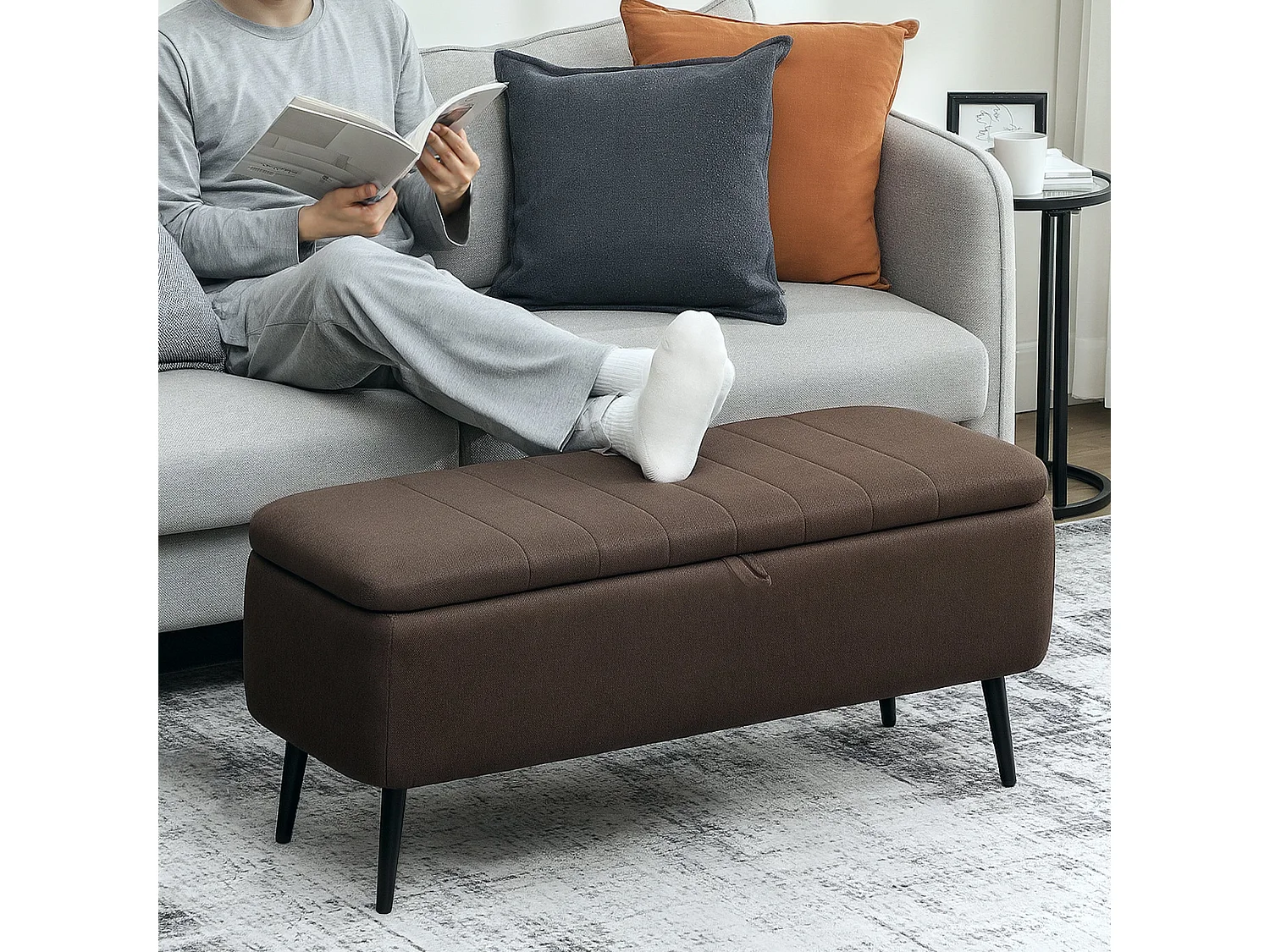Mahano Linen Look Dark Brown Rectangular Storage Ottoman