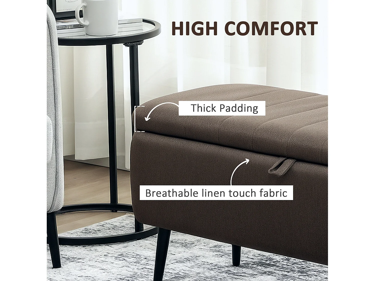 Mahano Linen Look Dark Brown Rectangular Storage Ottoman