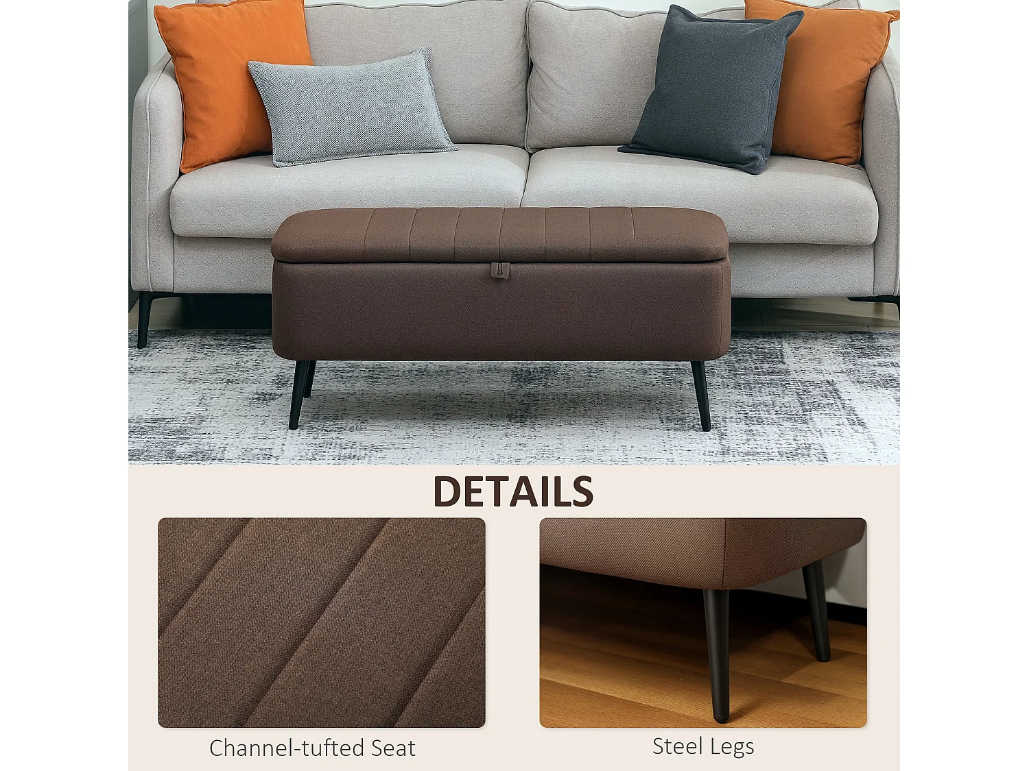 Mahano Linen Look Dark Brown Rectangular Storage Ottoman