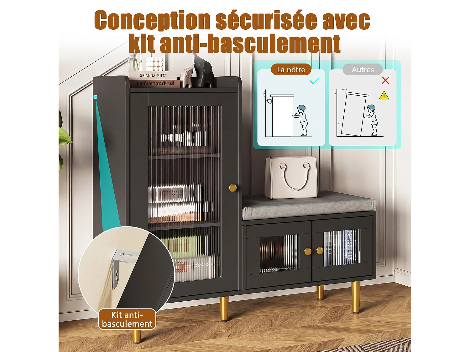Banc à Chaussures avec Tabouret et Étageres réglables, Armoire à Chaussures avec Assise, Meuble à Chaussures en Porte, pour Entrée, 100x35x90cm, Noir