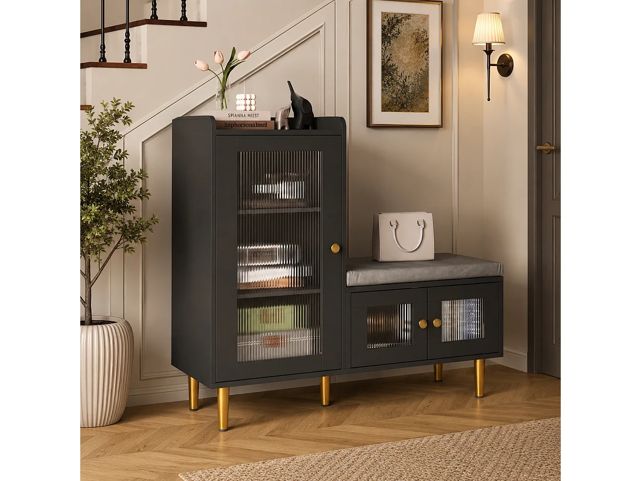 Banc à Chaussures avec Tabouret et Étageres réglables, Armoire à Chaussures avec Assise, Meuble à Chaussures en Porte, pour Entrée, 100x35x90cm, Noir