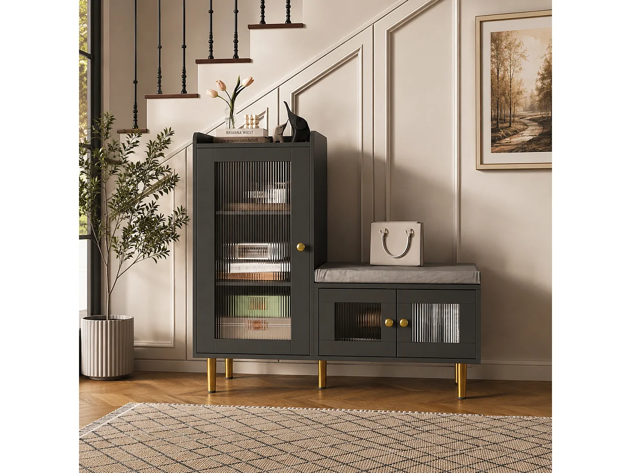Banc à Chaussures avec Tabouret et Étageres réglables, Armoire à Chaussures avec Assise, Meuble à Chaussures en Porte, pour Entrée, 100x35x90cm, Noir