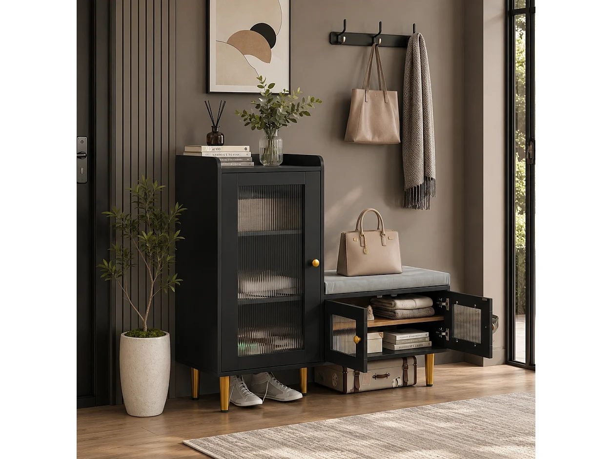 Banc à Chaussures avec Tabouret et Étageres réglables, Armoire à Chaussures avec Assise, Meuble à Chaussures en Porte, pour Entrée, 100x35x90cm, Noir
