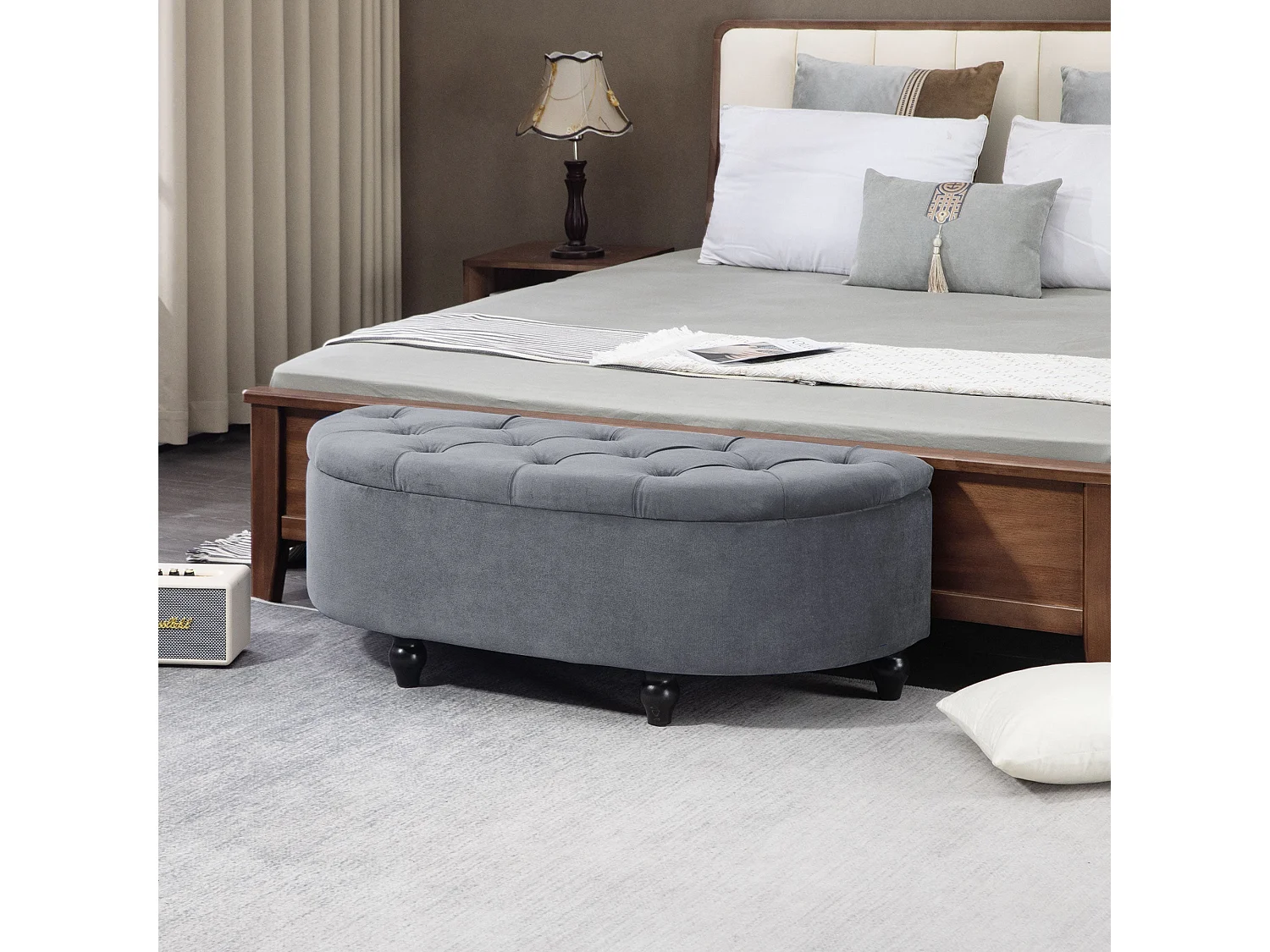 Rafili Velvet Grey Semi Circle Storage Bench with Tufted Seat