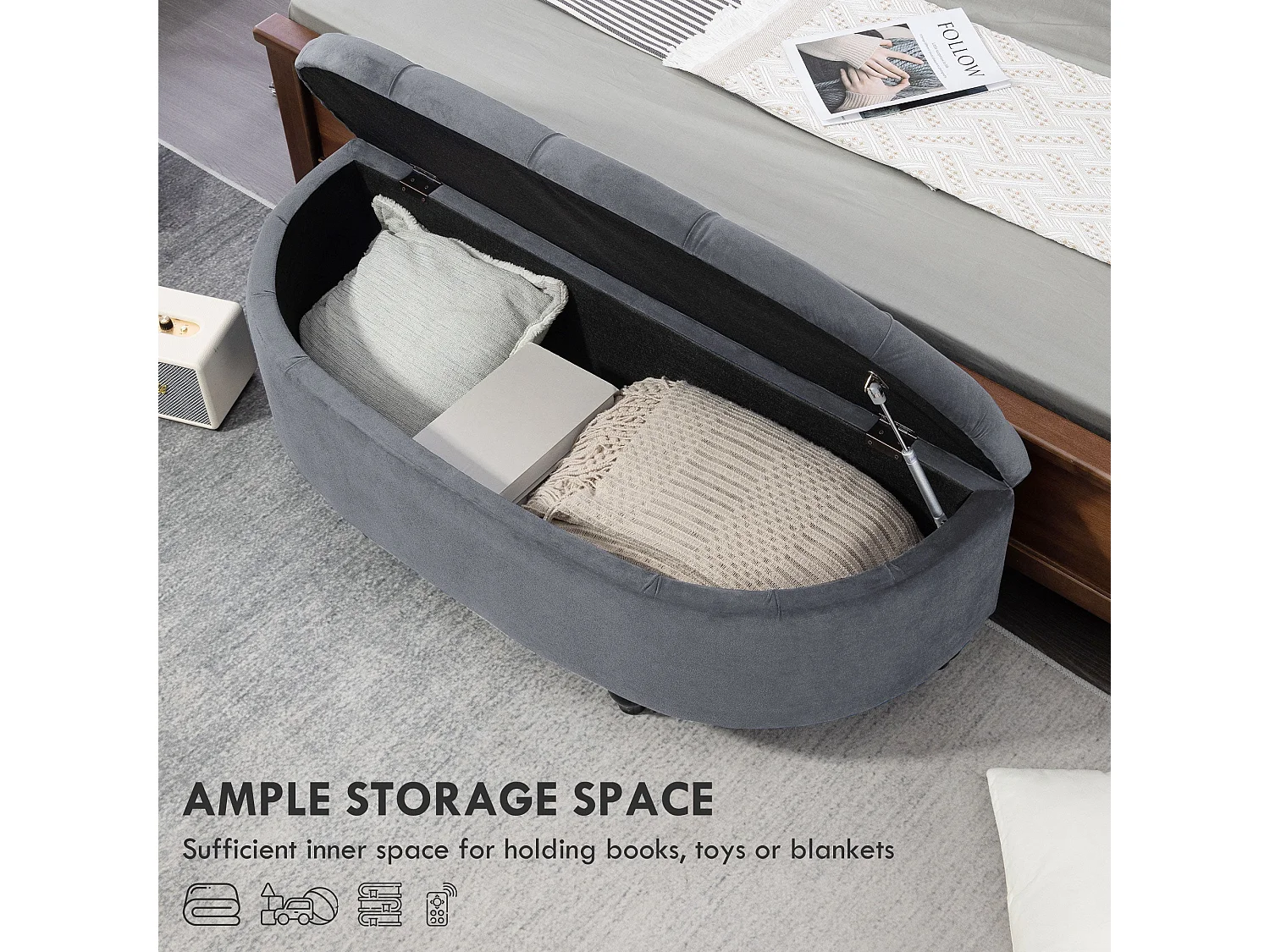 Rafili Velvet Grey Semi Circle Storage Bench with Tufted Seat