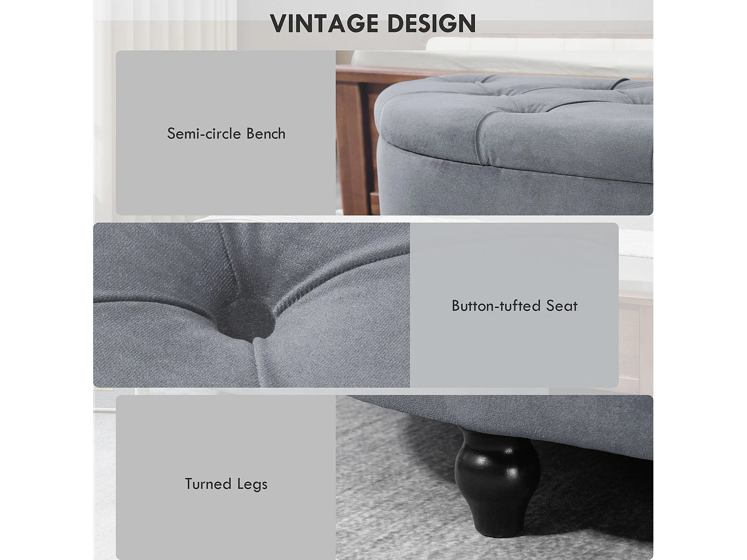 Rafili Velvet Grey Semi Circle Storage Bench with Tufted Seat