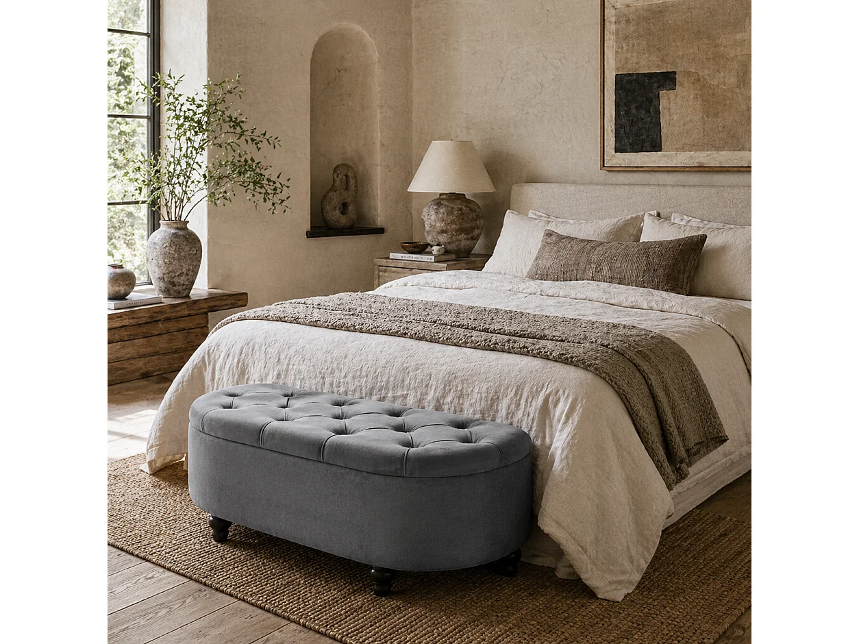 Rafili Velvet Grey Semi Circle Storage Bench with Tufted Seat