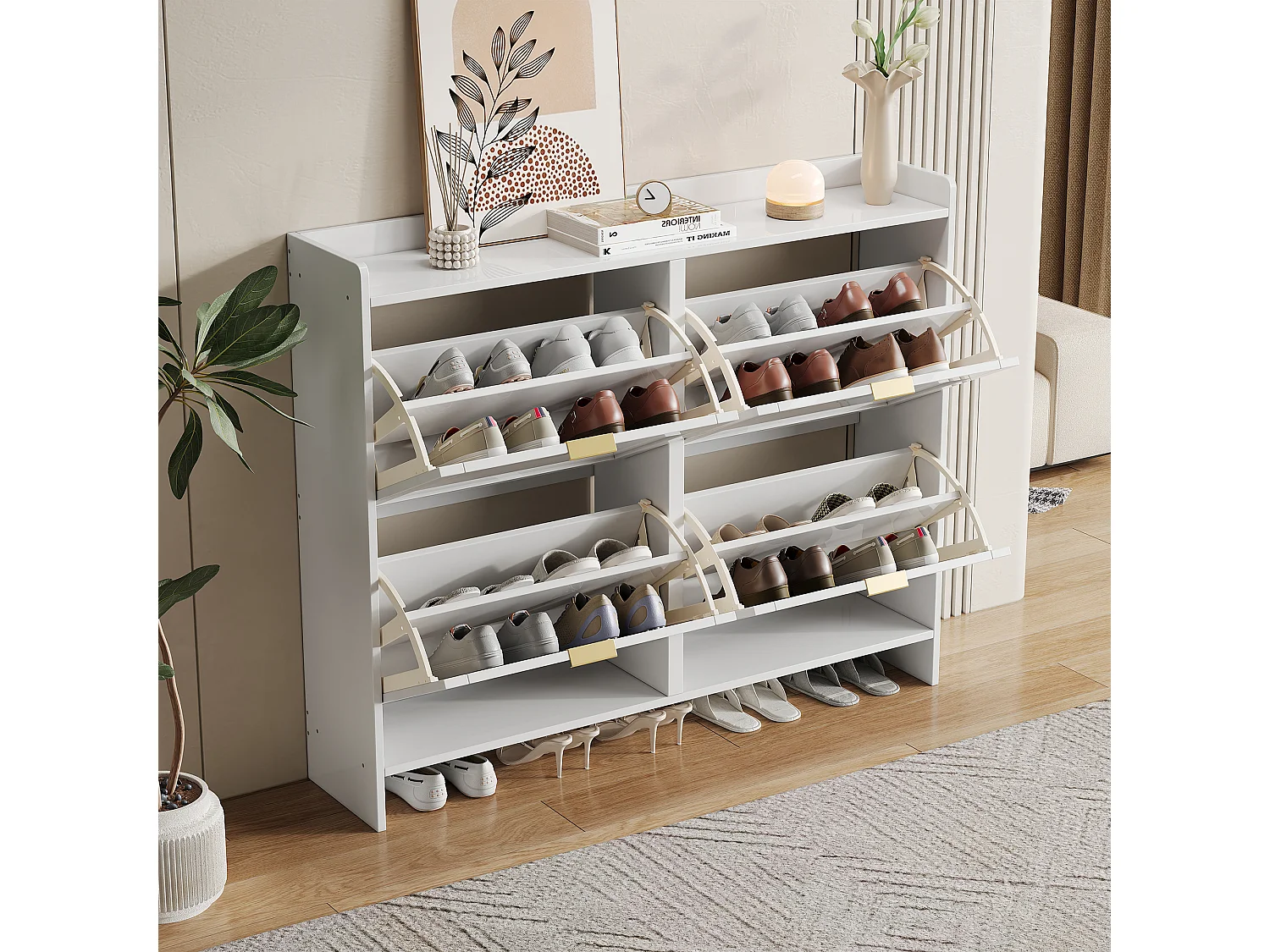 Modern Shoe Cabinet - 4 Drop-Down Compartments - White