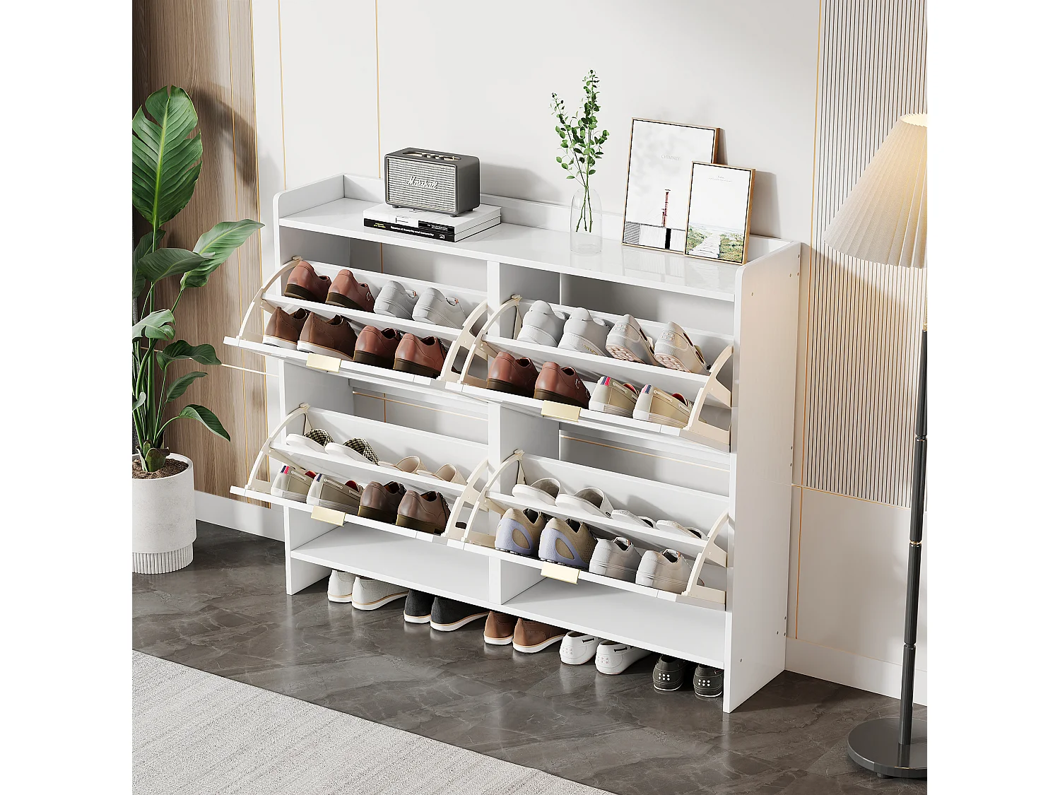 Modern Shoe Cabinet - 4 Drop-Down Compartments - White