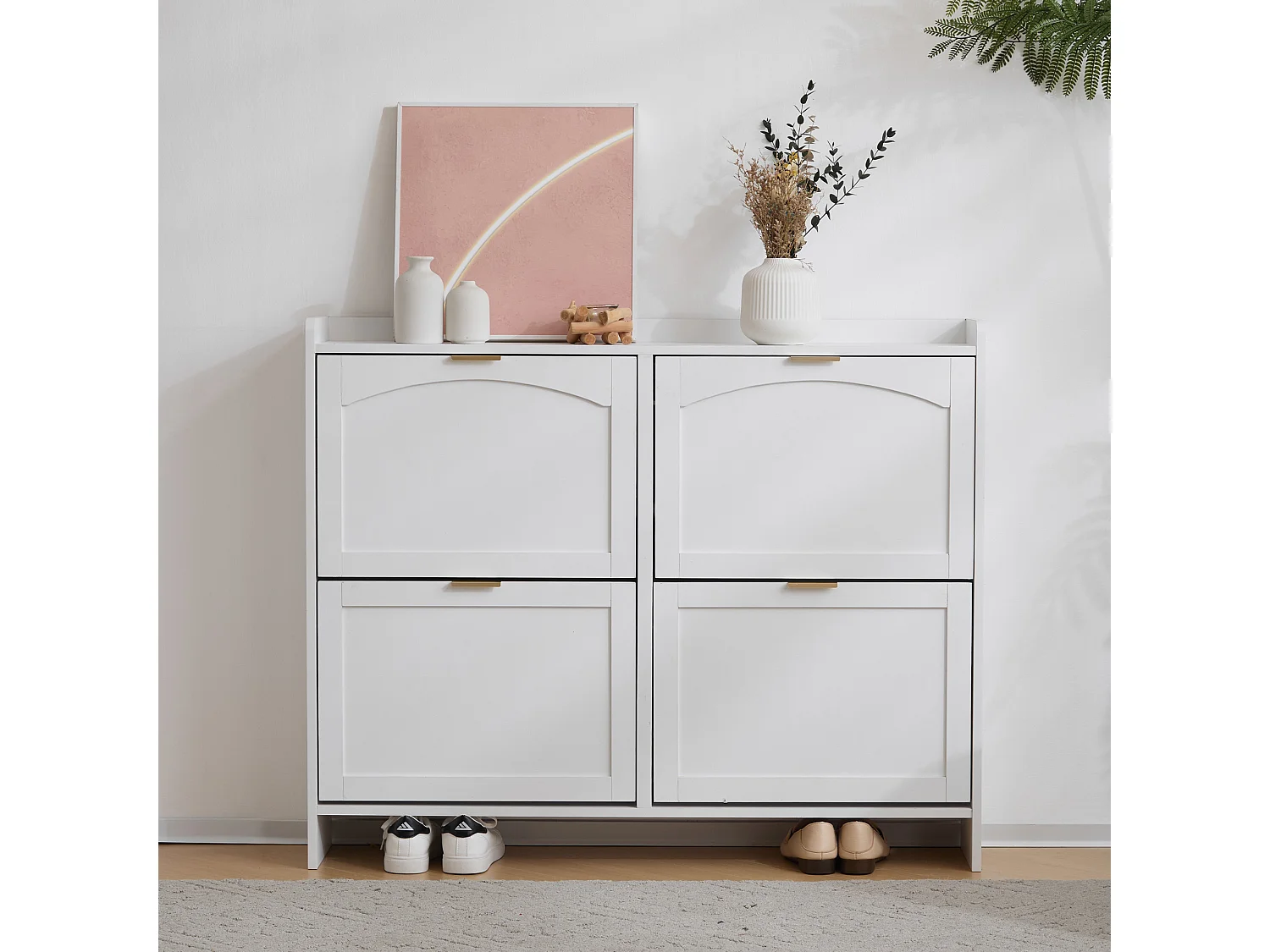 Modern Shoe Cabinet - 4 Drop-Down Compartments - White