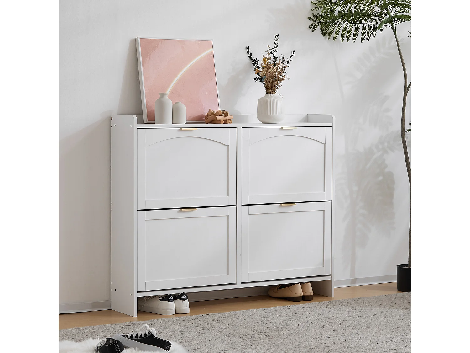 Modern Shoe Cabinet - 4 Drop-Down Compartments - White