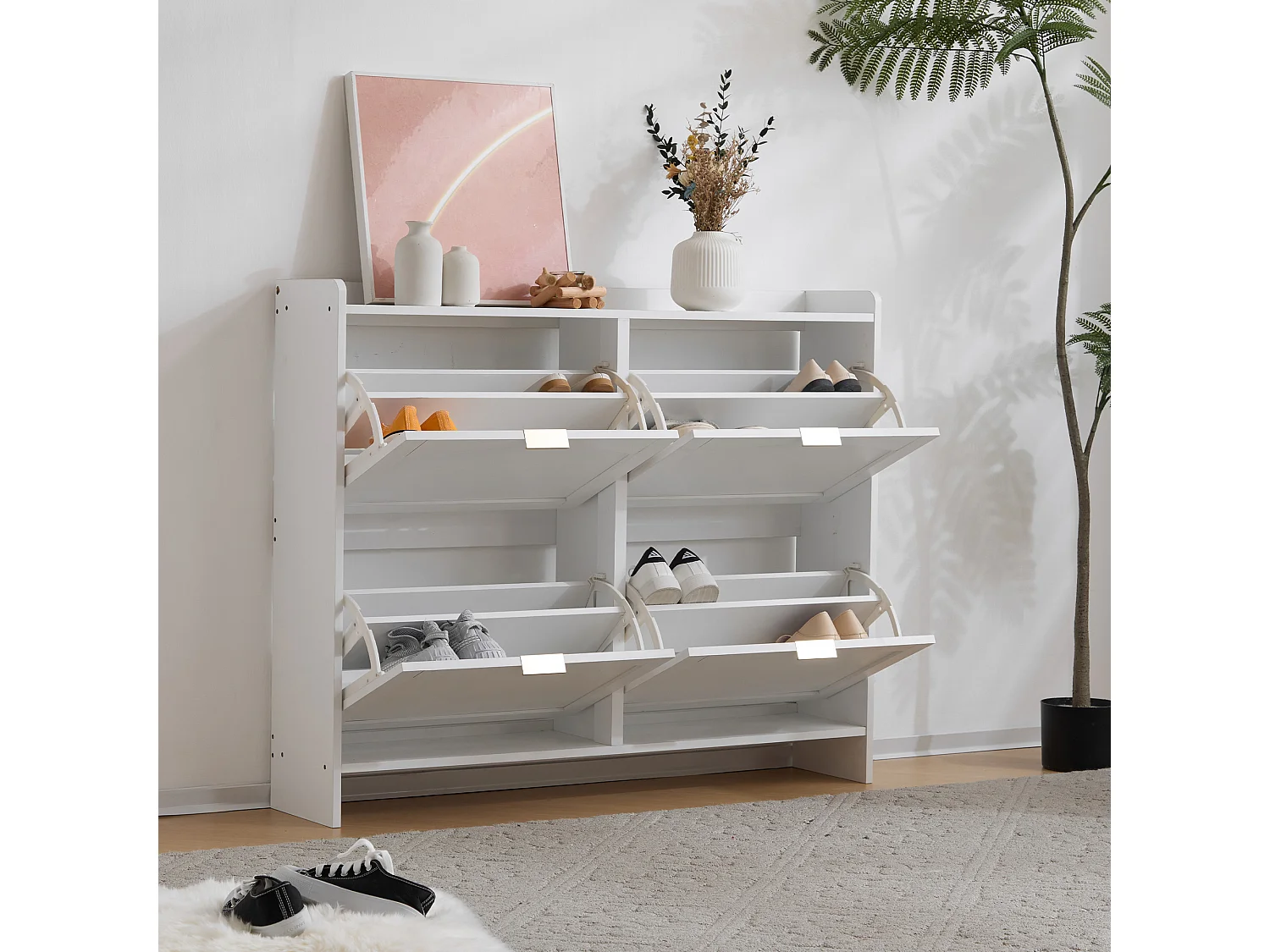 Modern Shoe Cabinet - 4 Drop-Down Compartments - White