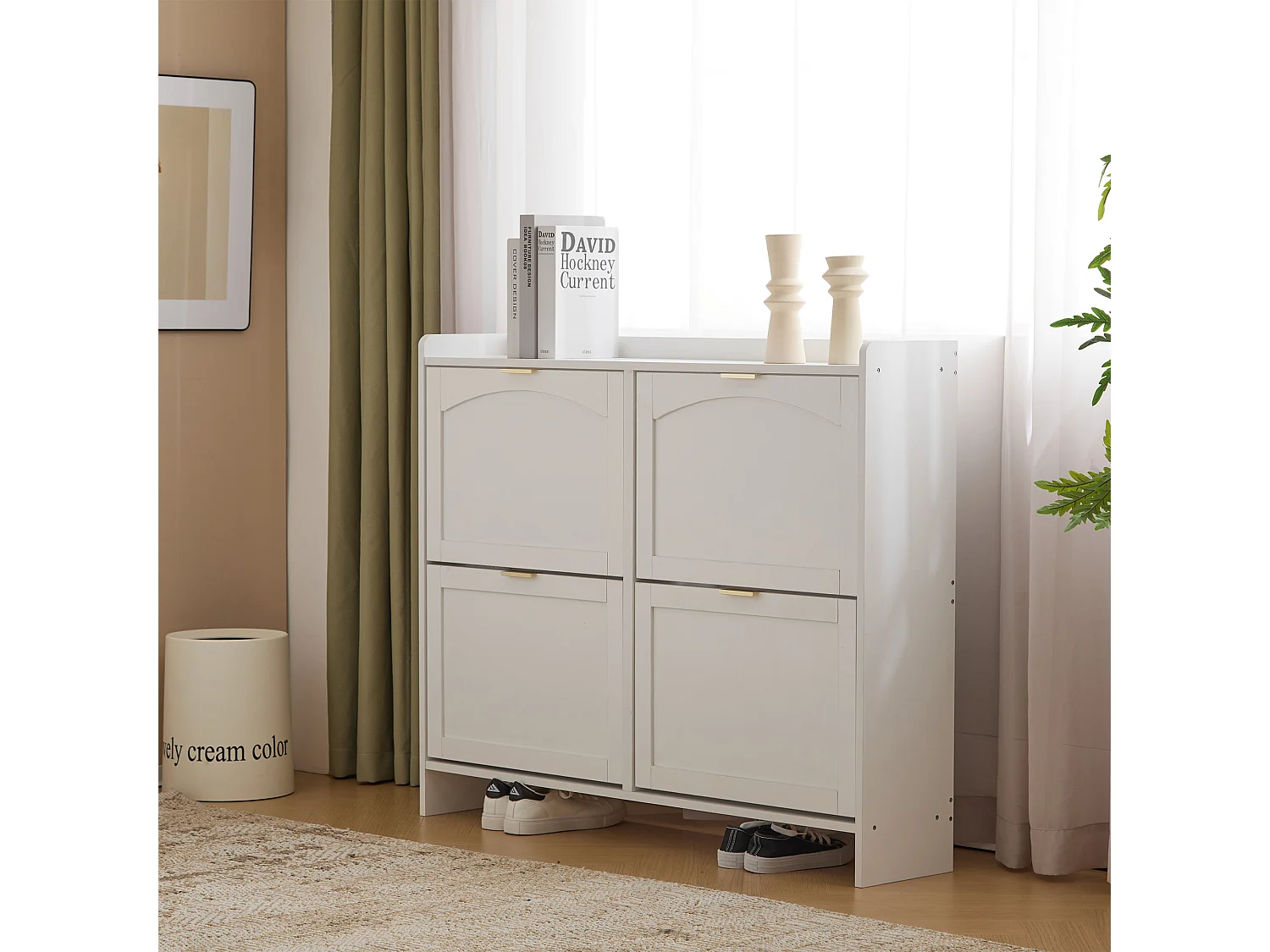 Modern Shoe Cabinet - 4 Drop-Down Compartments - White