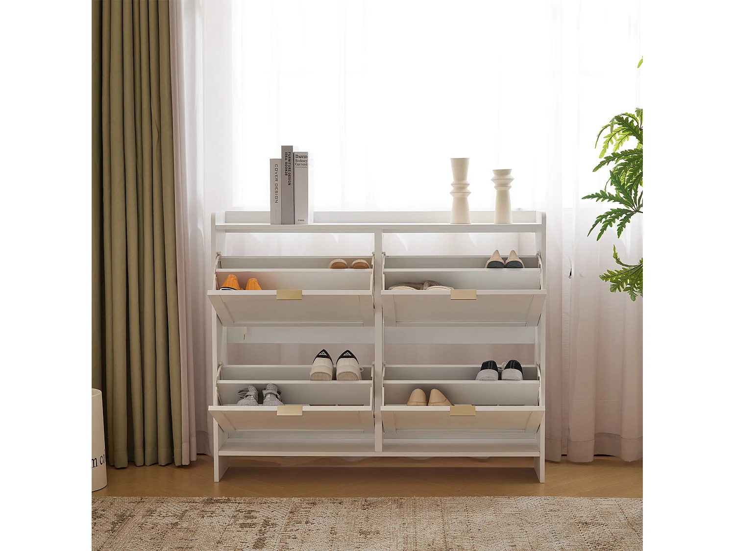 Modern Shoe Cabinet - 4 Drop-Down Compartments - White