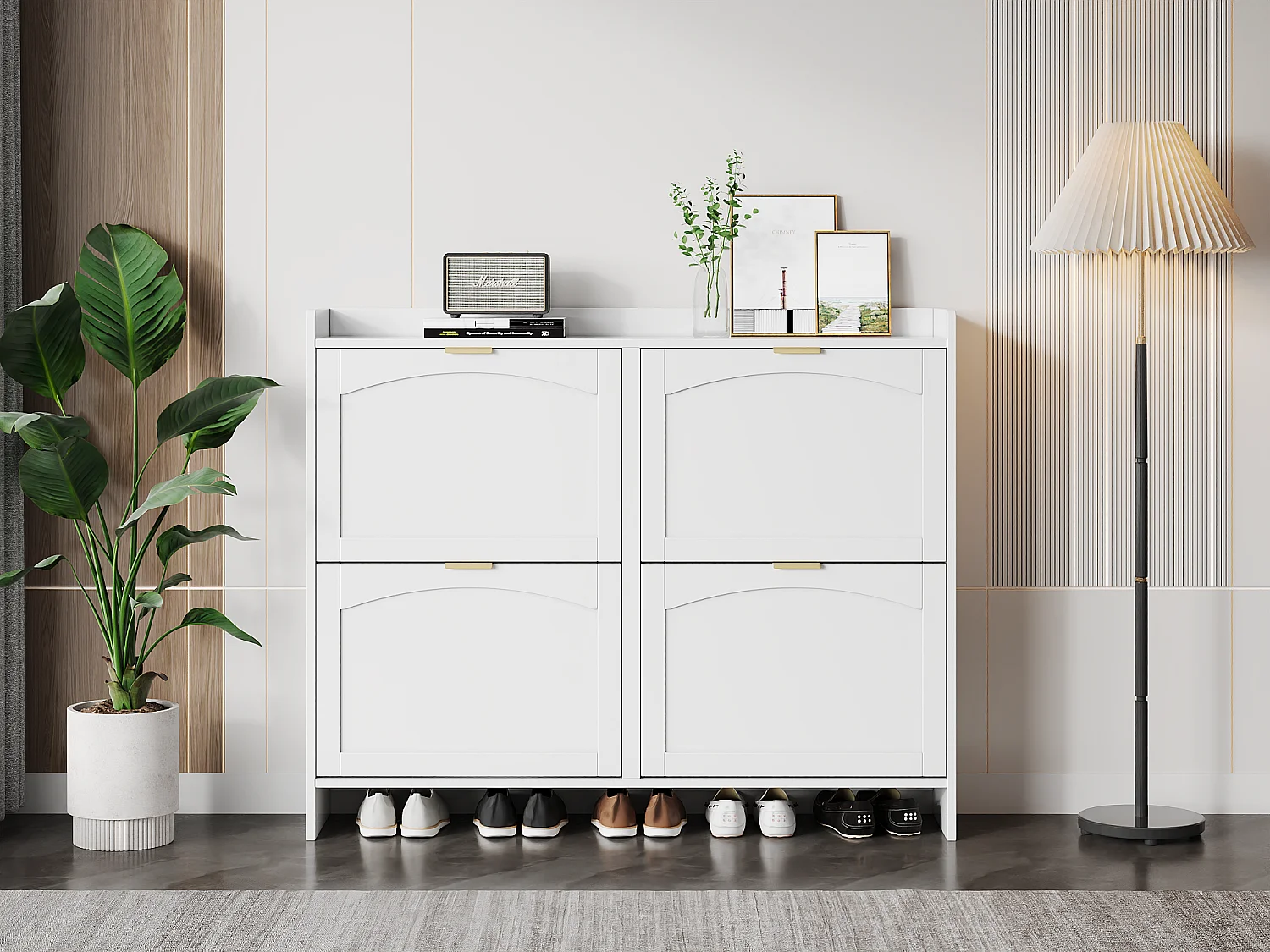 Modern Shoe Cabinet - 4 Drop-Down Compartments - White