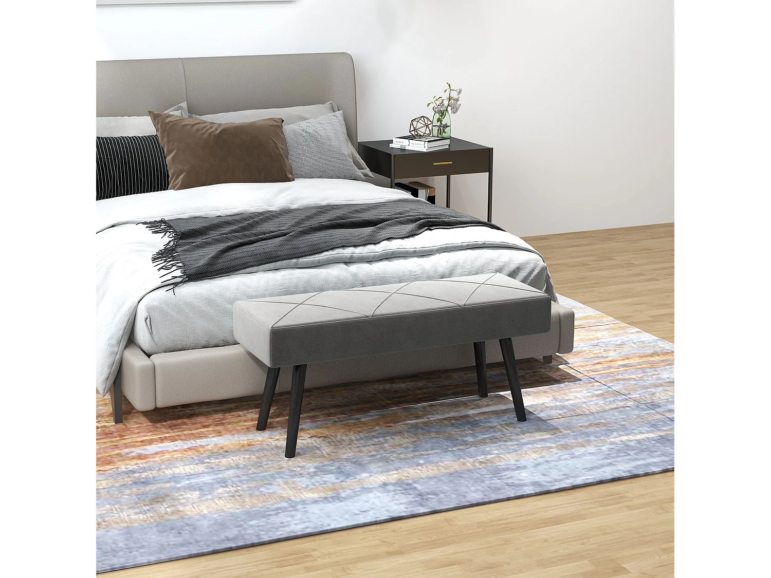 Mazuka Grey Velvet Feel Bench with X Frame Black Metal Legs 100cm