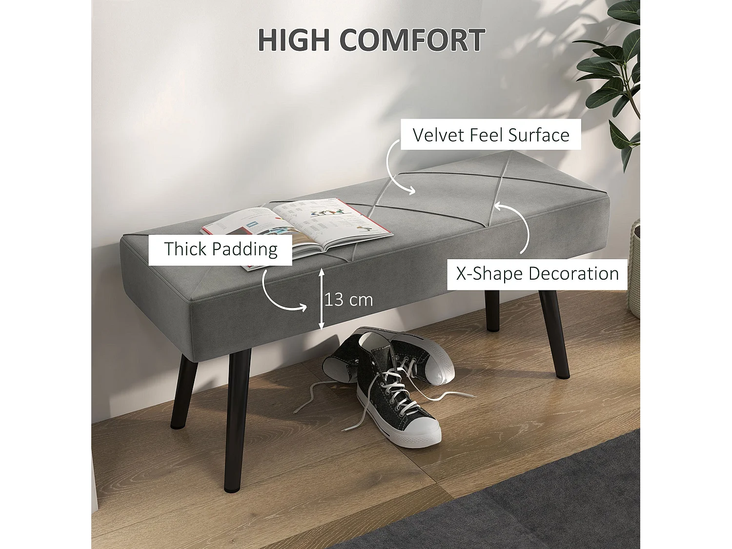 Mazuka Grey Velvet Feel Bench with X Frame Black Metal Legs 100cm