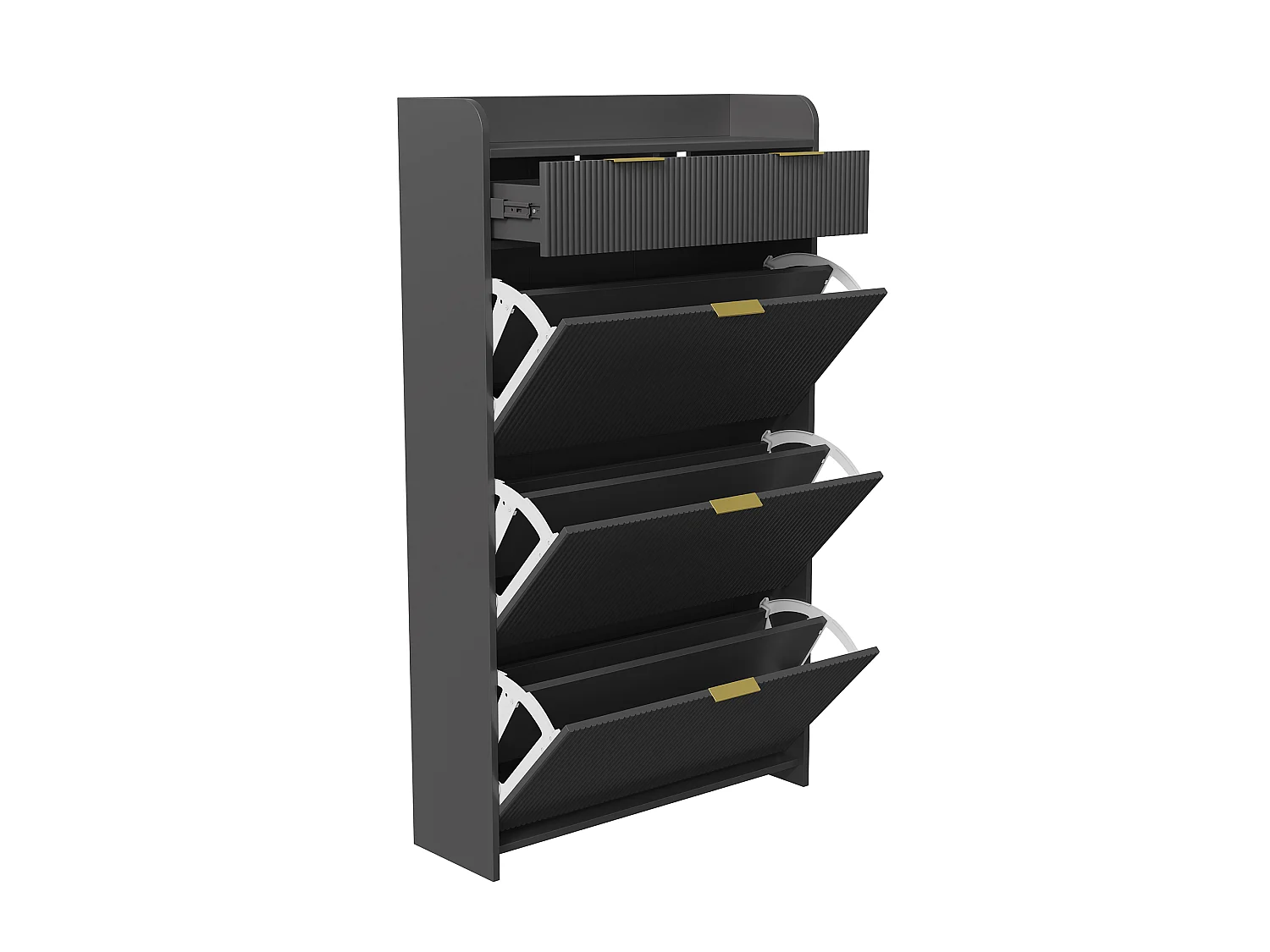 Meuble à Chaussures Slim avec 3 Abattants et 2 Tiroirs, Armoire à Chaussures avec Panneaux Rainurés et Poignées Dorées pour Entrée, 77x24x133cm, Noir