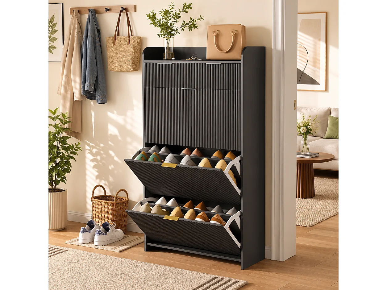 Meuble à Chaussures Slim avec 3 Abattants et 2 Tiroirs, Armoire à Chaussures avec Panneaux Rainurés et Poignées Dorées pour Entrée, 77x24x133cm, Noir