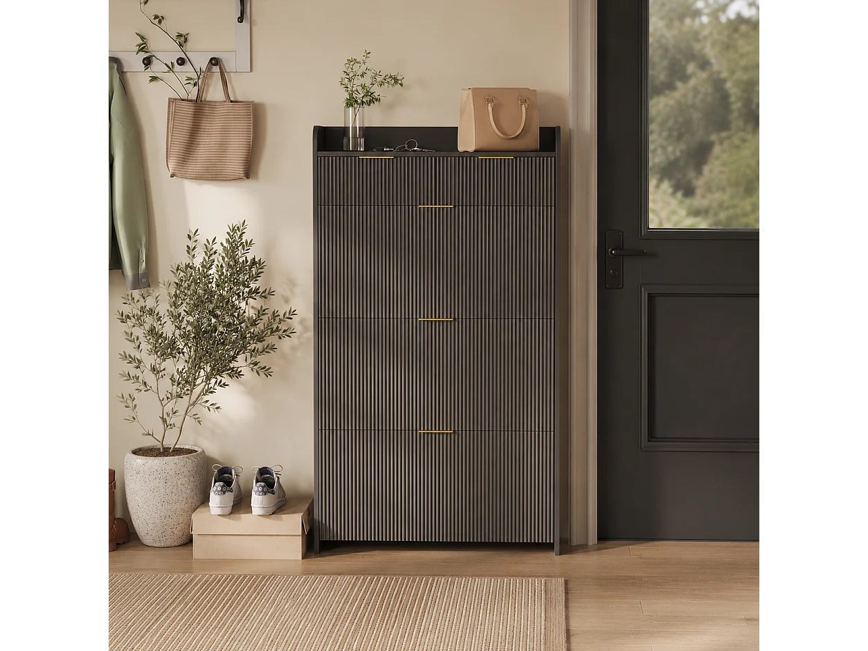 Meuble à Chaussures Slim avec 3 Abattants et 2 Tiroirs, Armoire à Chaussures avec Panneaux Rainurés et Poignées Dorées pour Entrée, 77x24x133cm, Noir