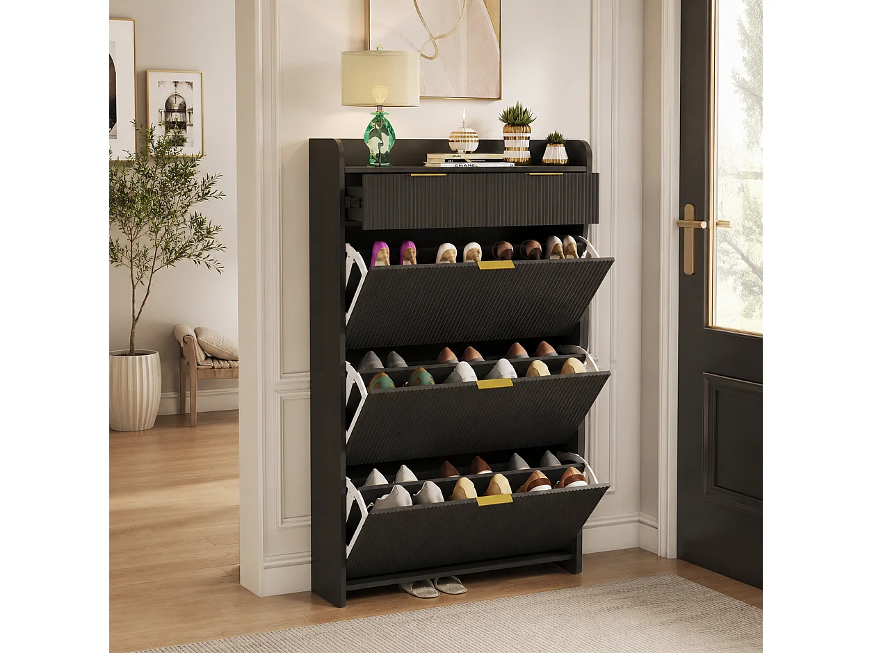 Meuble à Chaussures Slim avec 3 Abattants et 2 Tiroirs, Armoire à Chaussures avec Panneaux Rainurés et Poignées Dorées pour Entrée, 77x24x133cm, Noir