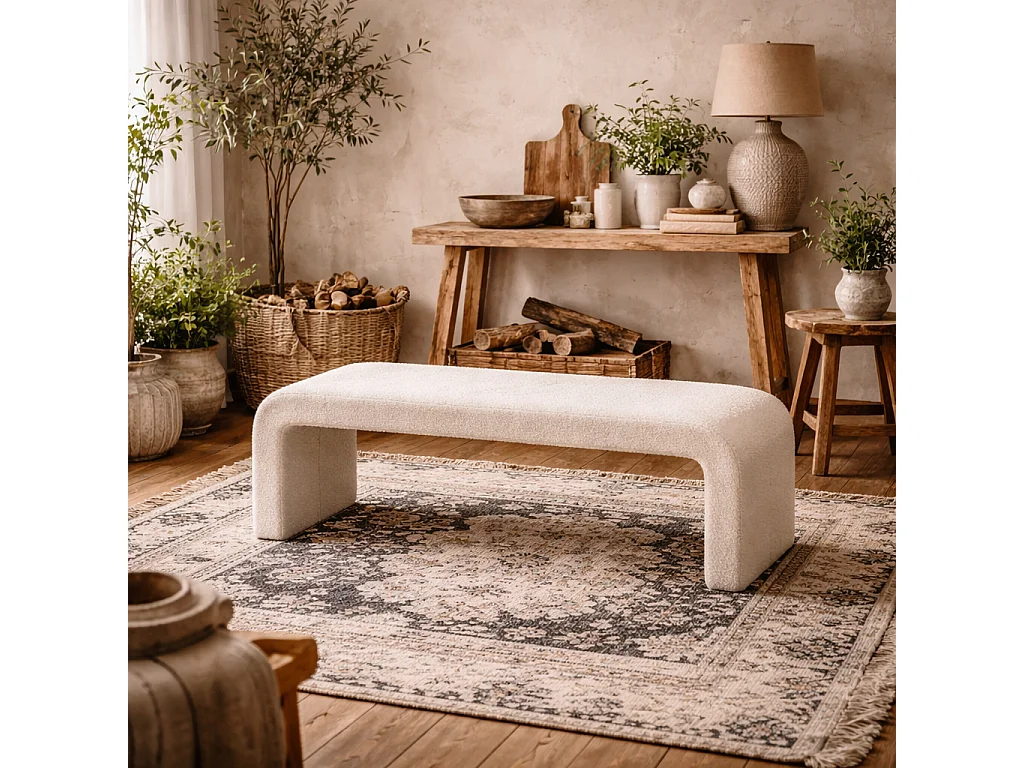 Palermo Curved Ivory Bouclé Upholstered Hallway Bench