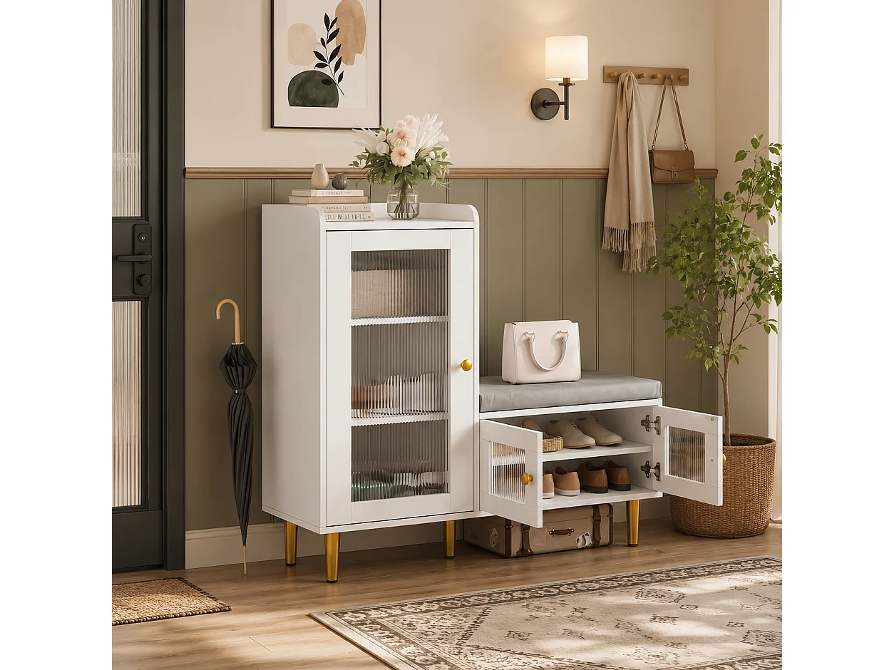 Banc à Chaussures avec Tabouret et Étageres réglables, Armoire à Chaussures avec Assise, Meuble à Chaussures en Porte, pour Entrée, 100x35x90cm, Blanc