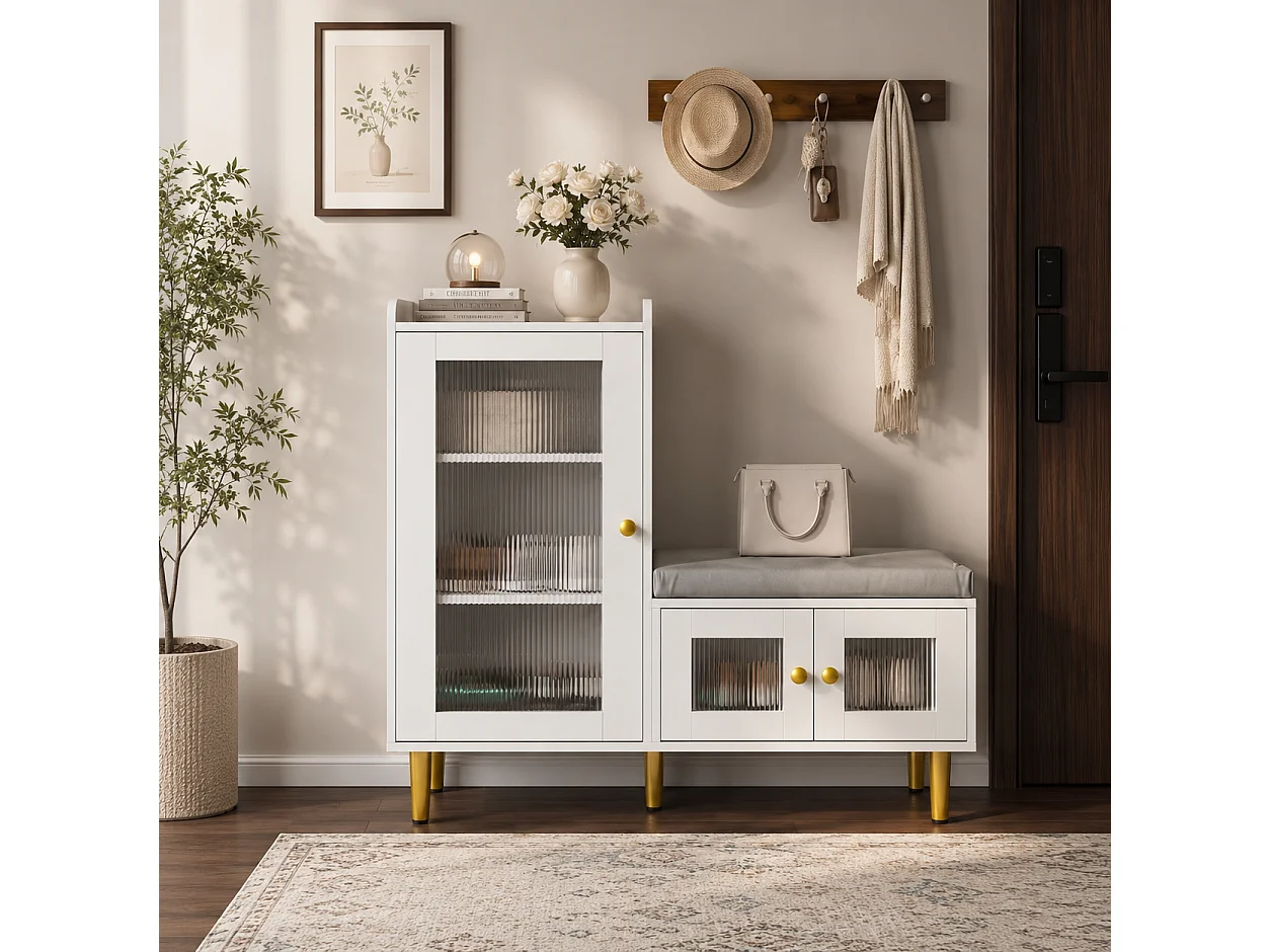 Banc à Chaussures avec Tabouret et Étageres réglables, Armoire à Chaussures avec Assise, Meuble à Chaussures en Porte, pour Entrée, 100x35x90cm, Blanc