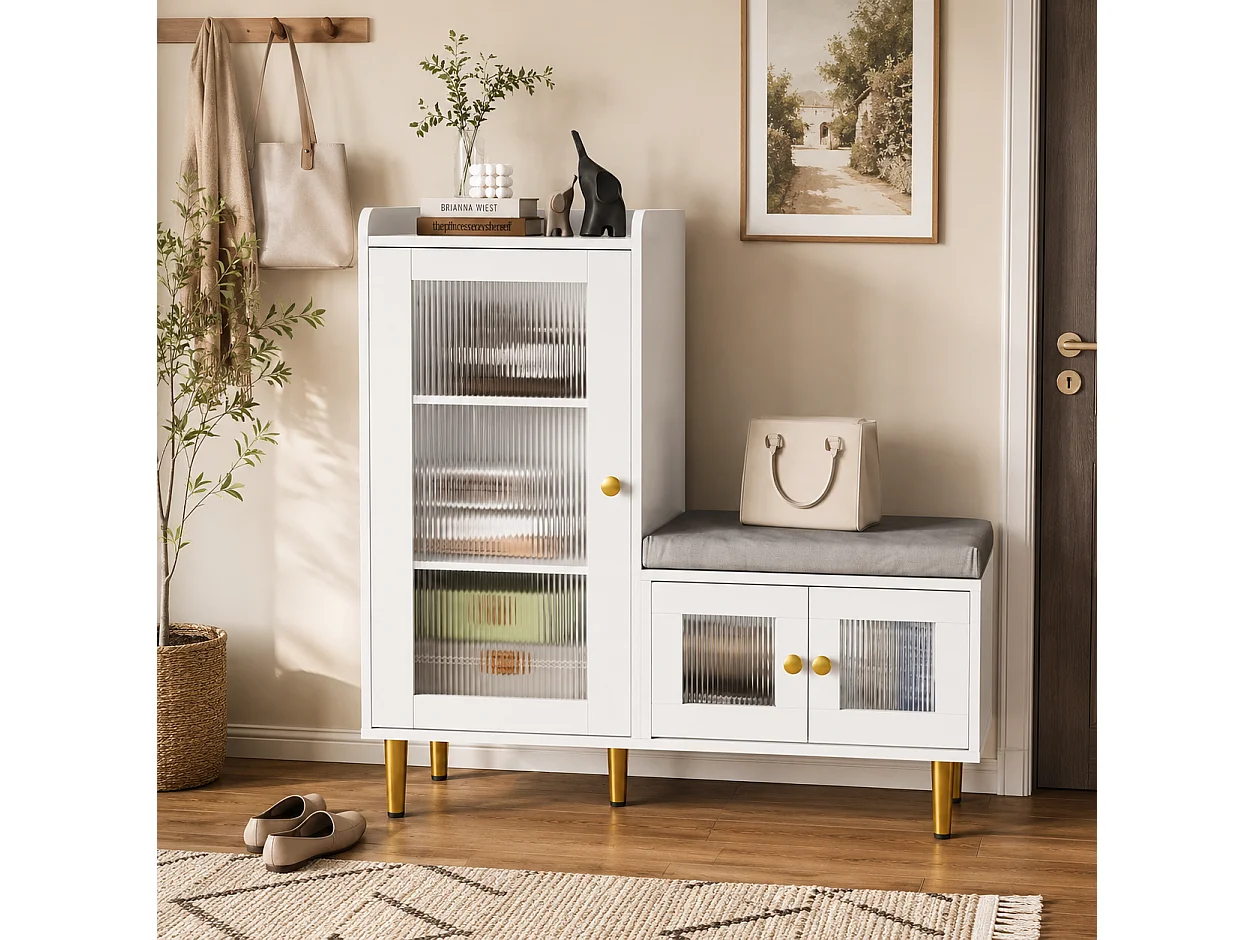 Banc à Chaussures avec Tabouret et Étageres réglables, Armoire à Chaussures avec Assise, Meuble à Chaussures en Porte, pour Entrée, 100x35x90cm, Blanc
