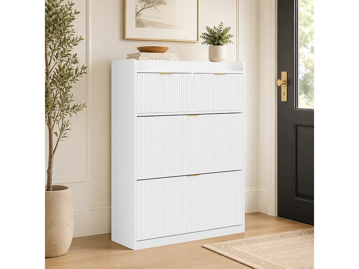 Meuble à Chaussures Slim pour Entrée, Armoire à Chaussures avec 2 Tiroirs Abattants, Organisateur de Chaussures Gain de Place, 80x24x110cm, Blanc