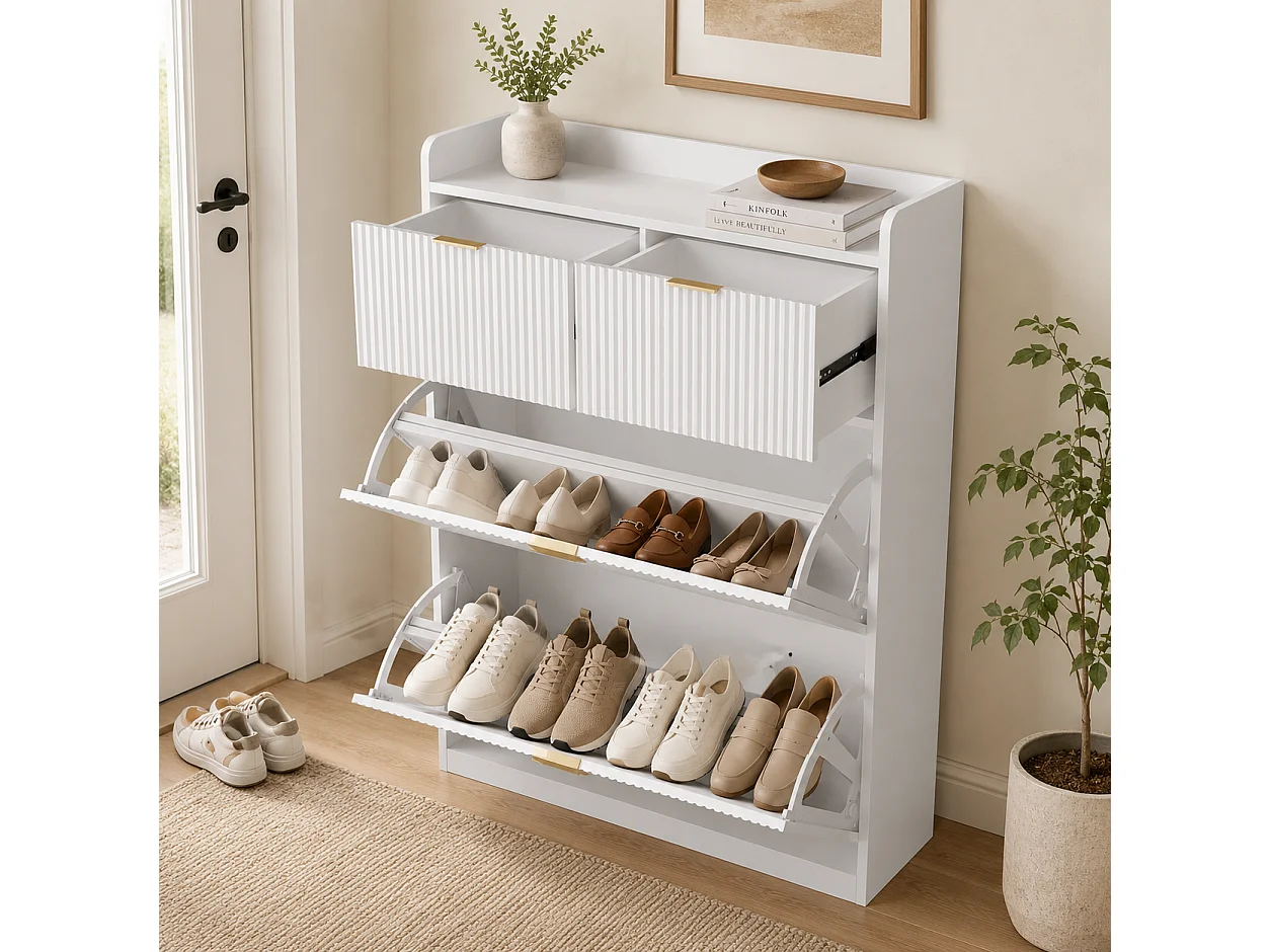 Meuble à Chaussures Slim pour Entrée, Armoire à Chaussures avec 2 Tiroirs Abattants, Organisateur de Chaussures Gain de Place, 80x24x110cm, Blanc