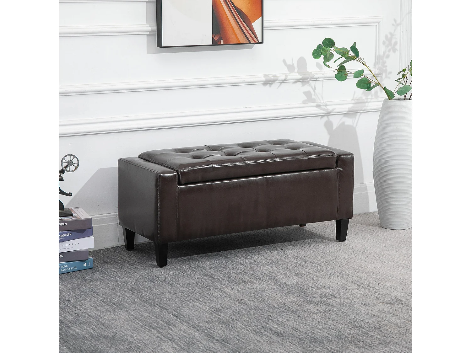 Rira Brown Faux Leather Storage Piano Bench Diamond Tufted Seat