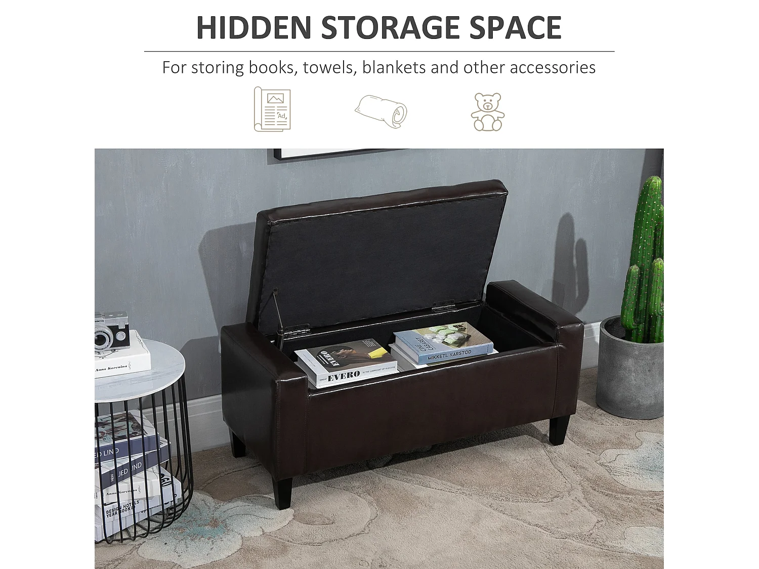 Rira Brown Faux Leather Storage Piano Bench Diamond Tufted Seat